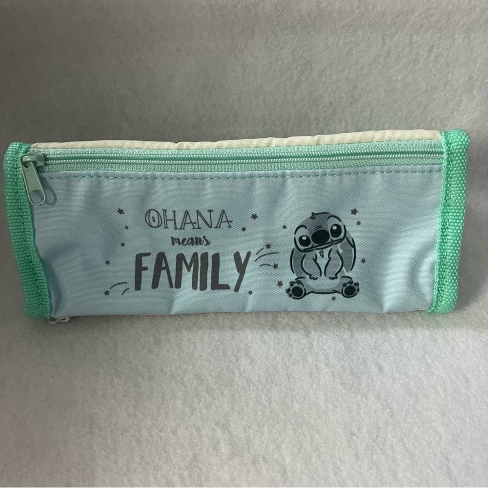 STITCH 3 Sided Pencil Case Zippered Pouch Ohana Japan Blue Cream Scrump